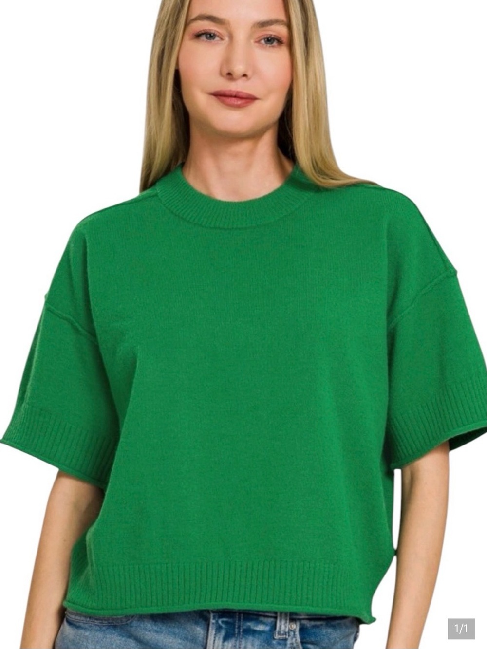 Zenana Women’s Kelly Green Exposed Seam Short Sleeve Sweater